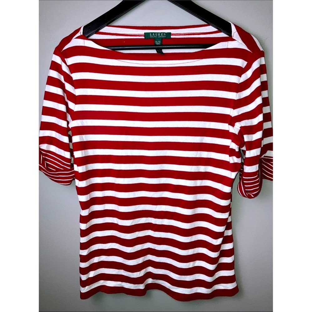 Lauren Ralph Lauren Red & White Striped Boatneck Short Sleeve Cotton Top Size XL